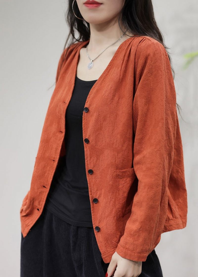 Orange Fickor Solid Cotton Coat Kappor V Neck Fall - Vinterkappor för kvinnor