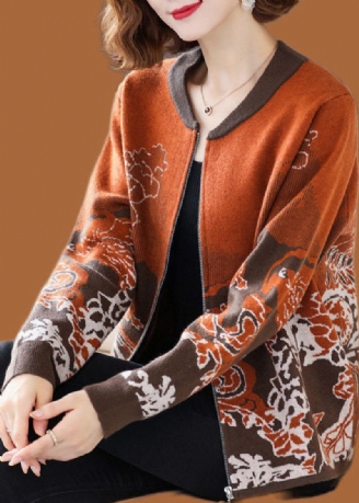 Orange Jacquard Knit Coat Ytterkläder O-halsad Zip Up Långärmad