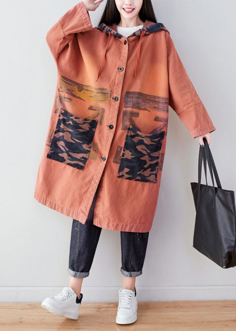 Orange Pockets Patchwork Print Coat Hoodie Spring