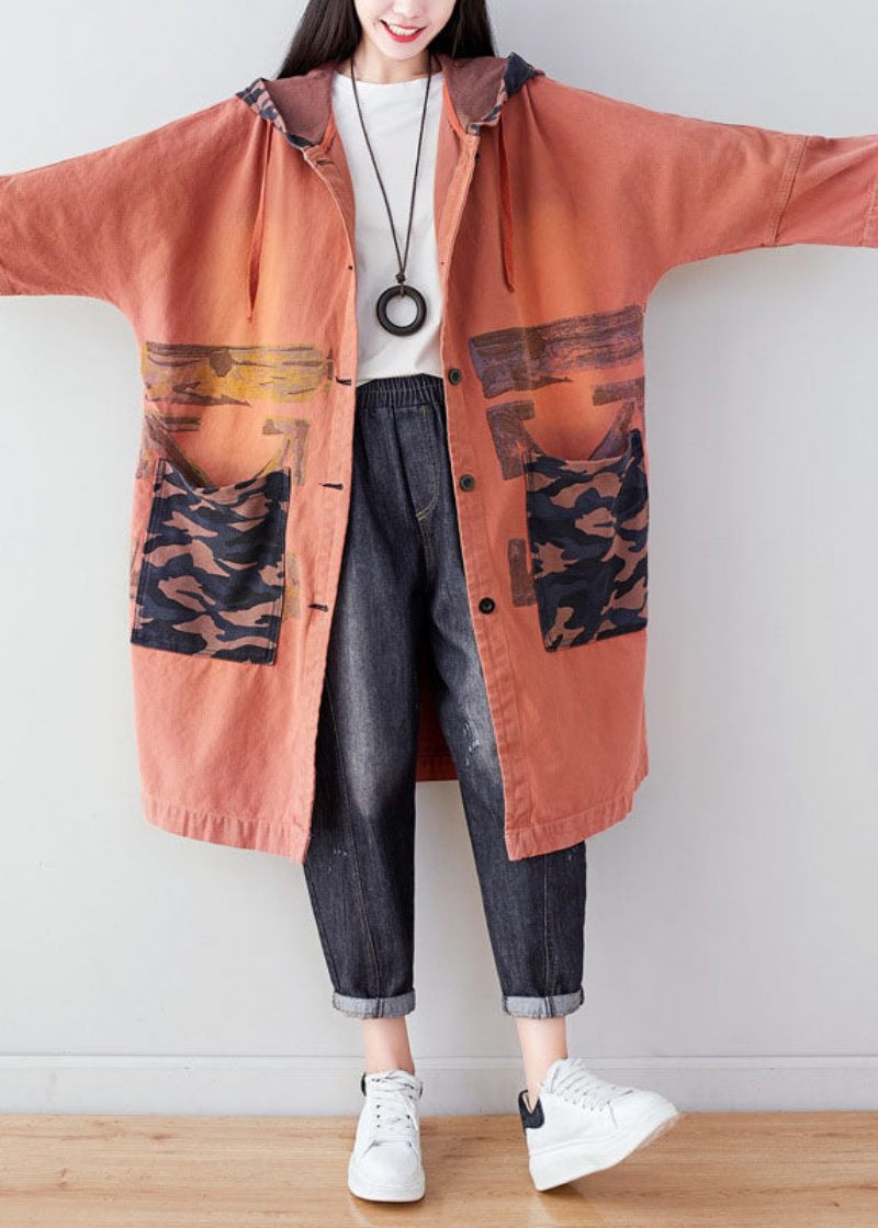 Orange Pockets Patchwork Print Coat Hoodie Spring - Vinterkappor för kvinnor