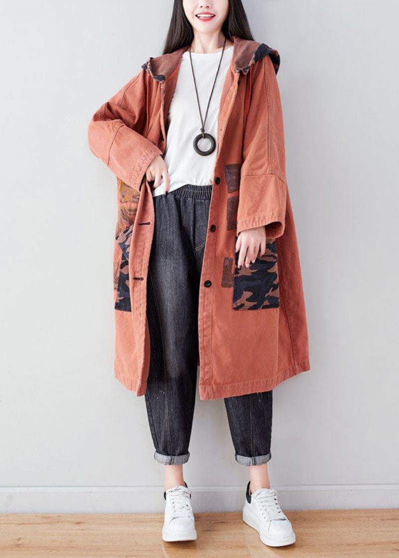 Orange Pockets Patchwork Print Coat Hoodie Spring - Vinterkappor för kvinnor