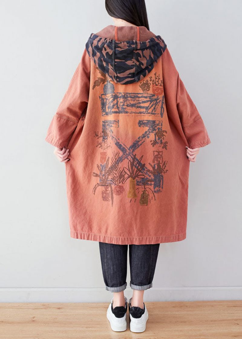 Orange Pockets Patchwork Print Coat Hoodie Spring - Vinterkappor för kvinnor