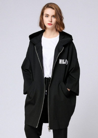 Organic Black Letter Dragkedjeförsedd Huva Fickor Fall Long Coat