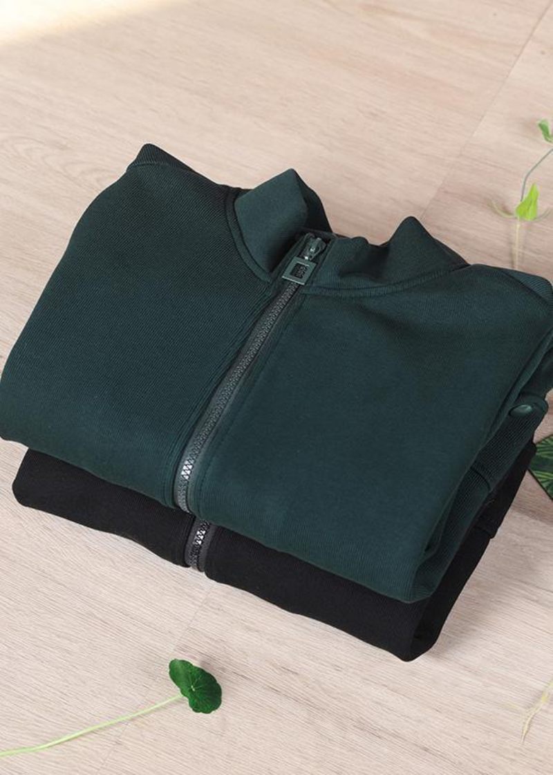 Organic Tea Green Zip Up Stand Collar Korta Kappor - Svart