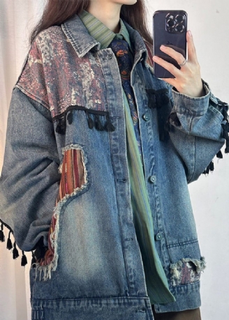 Original Blå Tofsfickor Patchwork Jeansjackor Vår