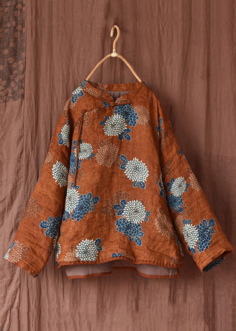 Original Orange Print Stand Collar Patchwork Fina Bomullsfyllda Kappor Vinter