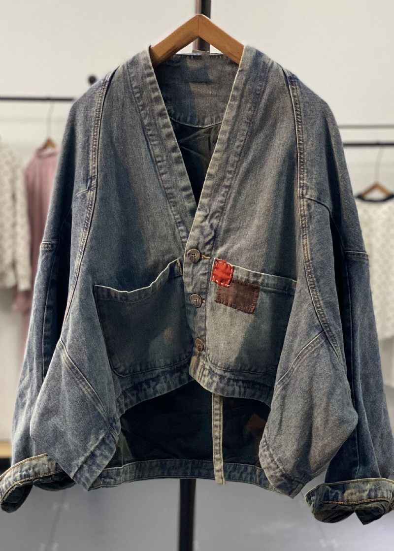 Original Retro Blå Asymmetrisk Patch Bat Sleeve Denimrockar