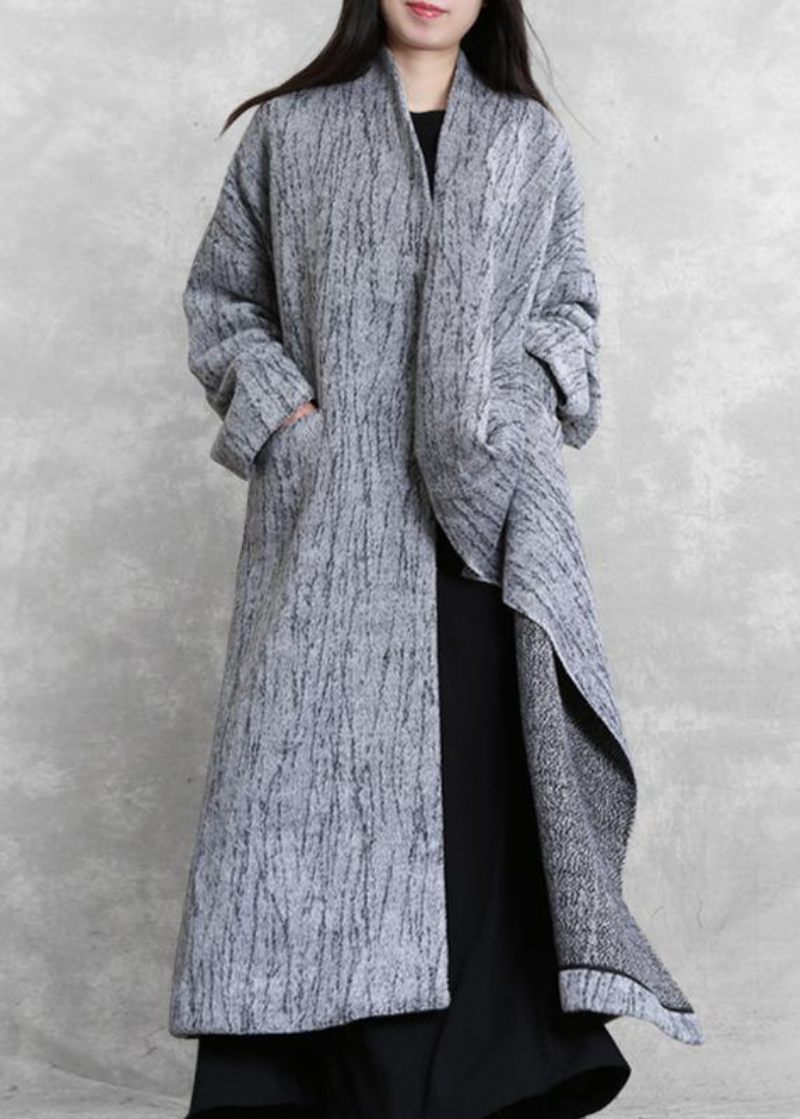 Oversized Lång Kappa Kvinnor Grå Asymmetriska Fickor Yllerockar Dam - Trenchcoats för kvinnor