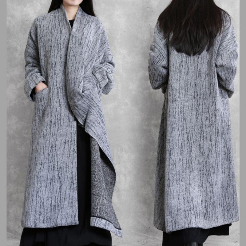 Oversized Lång Kappa Kvinnor Grå Asymmetriska Fickor Yllerockar Dam - Trenchcoats för kvinnor