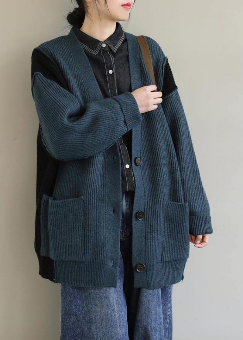 Oversized Spring Green Knit Sweat Tops Oversize V-hals Button Down - Grå