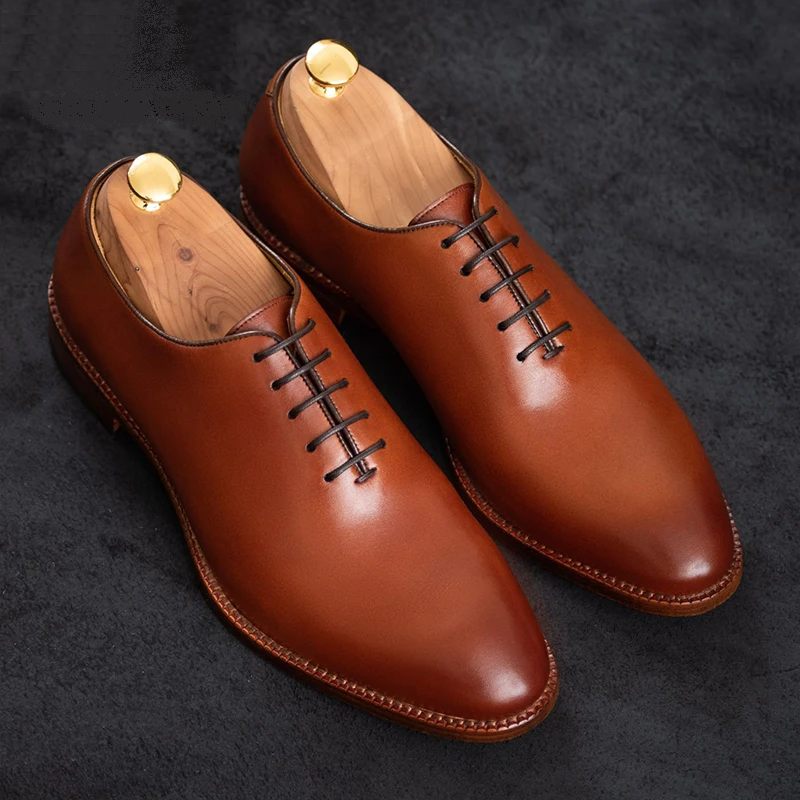 Oxford Solid Dress Business Skor Designer Handgjorda Bröllop Formella Äkta Läder Original Best Man Shoes - Brun