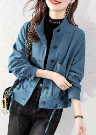 Peacock Blue Pockets Patchwork Cotton Coats Stand Krage Fall