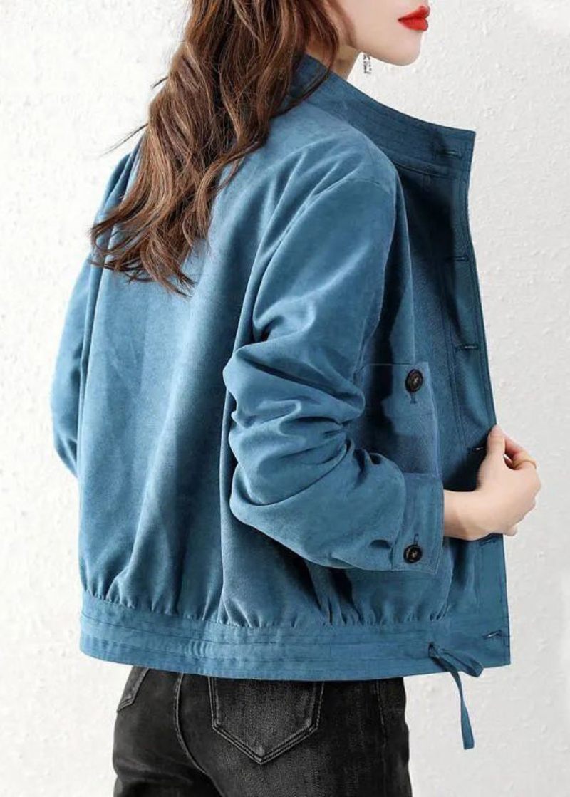 Peacock Blue Pockets Patchwork Cotton Coats Stand Krage Fall - Vinterkappor för kvinnor