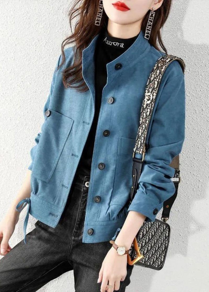 Peacock Blue Pockets Patchwork Cotton Coats Stand Krage Fall - Vinterkappor för kvinnor