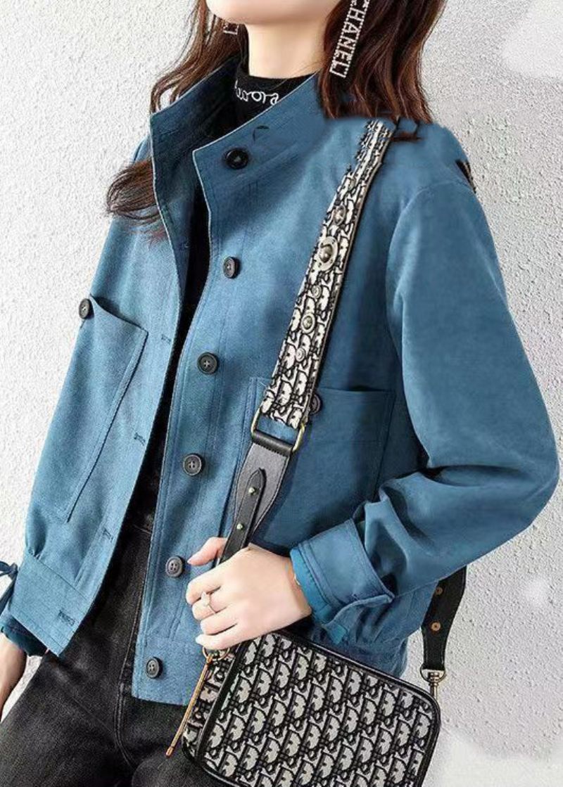 Peacock Blue Pockets Patchwork Cotton Coats Stand Krage Fall - Vinterkappor för kvinnor