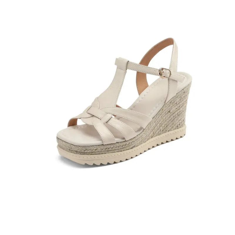 Plattformar Dam Sandaler Kil Högklackad Äkta Läder Style Casual Outdoor Skor Kvinna Sommar - Beige