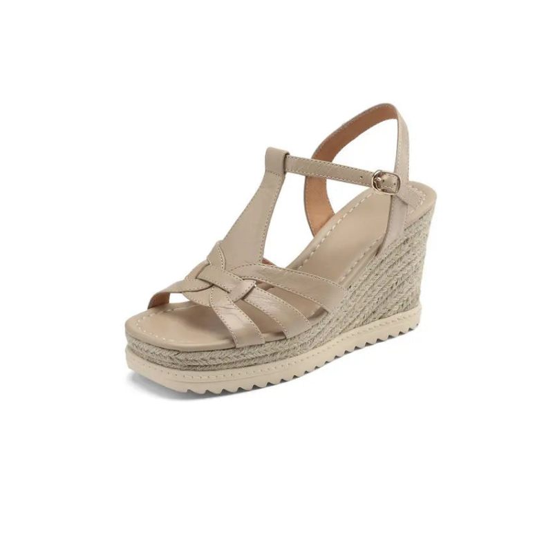 Plattformar Dam Sandaler Kil Högklackad Äkta Läder Style Casual Outdoor Skor Kvinna Sommar - Beige