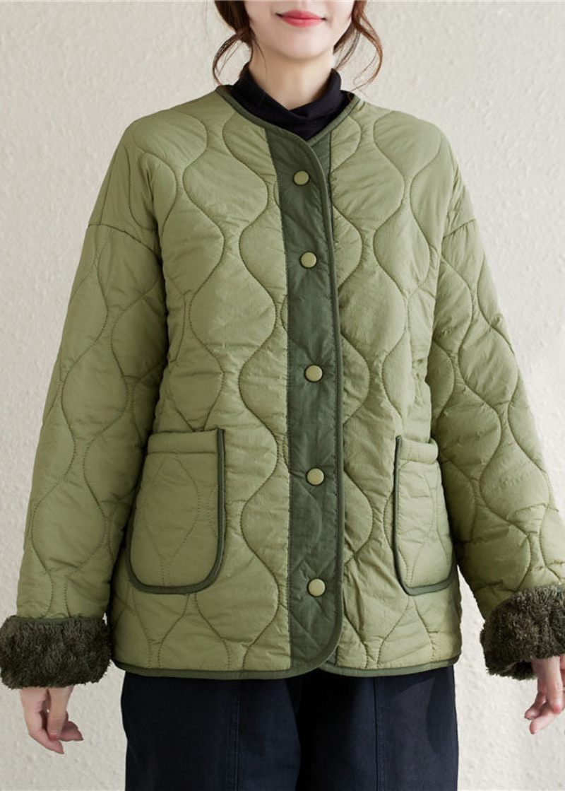 Plus Size Army Green O-neck Patchwork Fickor Button Fleece Ull Fodrad Parka Vinter - Ullrockar för kvinnor