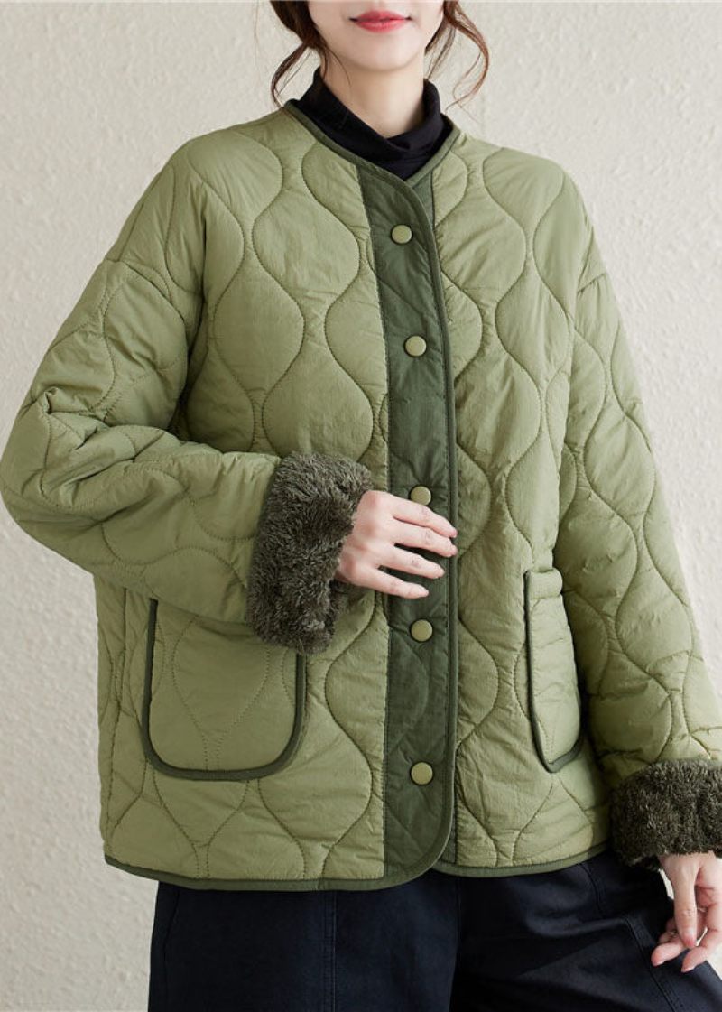 Plus Size Army Green O-neck Patchwork Fickor Button Fleece Ull Fodrad Parka Vinter - Ullrockar för kvinnor