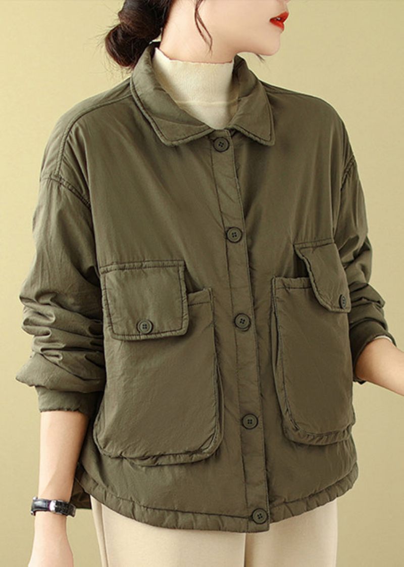 Plus Size Army Green Peter Pan Krage Fickor Fin Bomullsfylld Jacka Vinter - Dunjackor för kvinnor