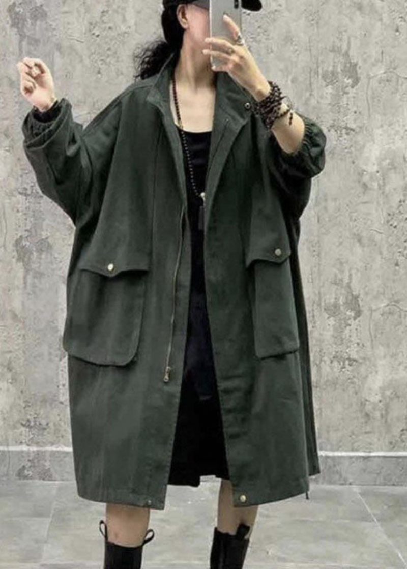 Plus Size Army Green Stativ Krage Dragkedja Fickor Fall Långärmad Trenchcoat