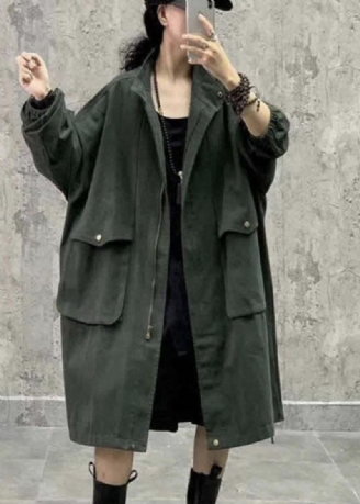 Plus Size Army Green Stativ Krage Dragkedja Fickor Fall Långärmad Trenchcoat