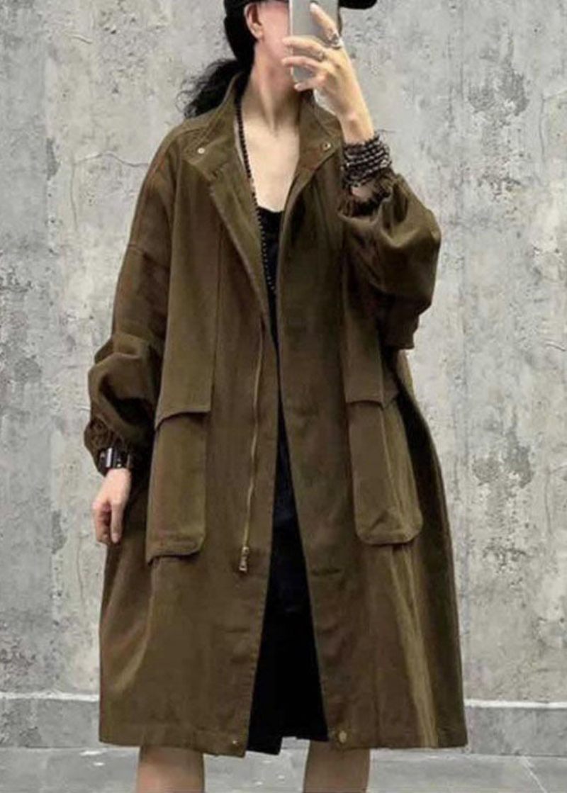 Plus Size Army Green Stativ Krage Dragkedja Fickor Fall Långärmad Trenchcoat - Army Green