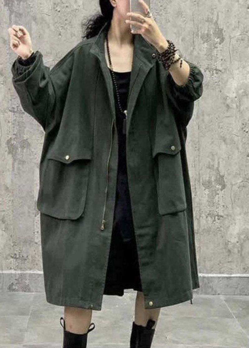 Plus Size Army Green Stativ Krage Dragkedja Fickor Fall Långärmad Trenchcoat - Army Green