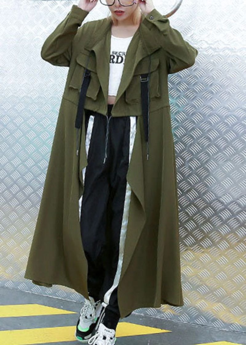 Plus Size Army Gröna Fickor Peter Pan Krage Asymmetrisk Trench Coat Spring - Trenchcoats för kvinnor