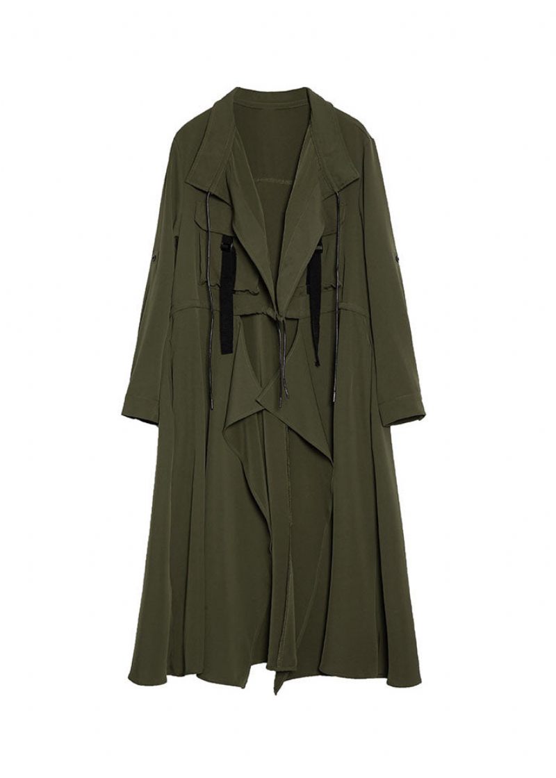 Plus Size Army Gröna Fickor Peter Pan Krage Asymmetrisk Trench Coat Spring - Trenchcoats för kvinnor