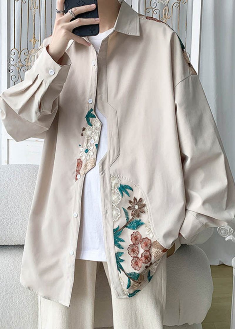 Plus Size Beige Broderad Button Coats Neutral Spring