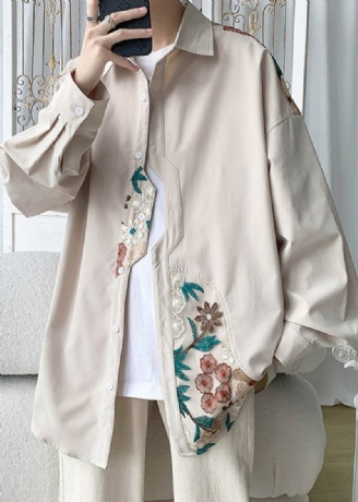 Plus Size Beige Broderad Button Coats Neutral Spring