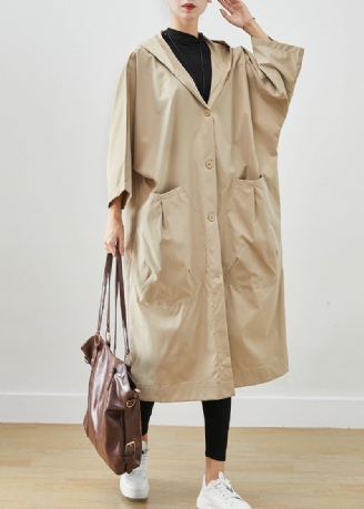 Plus Size Beige Hooded Oversized Cotton Coats Batwing Sleeve