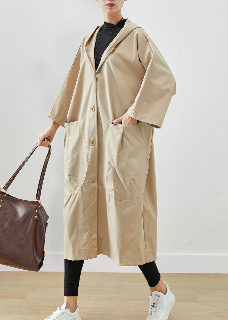 Plus Size Beige Hooded Oversized Cotton Coats Batwing Sleeve - Trenchcoats för kvinnor