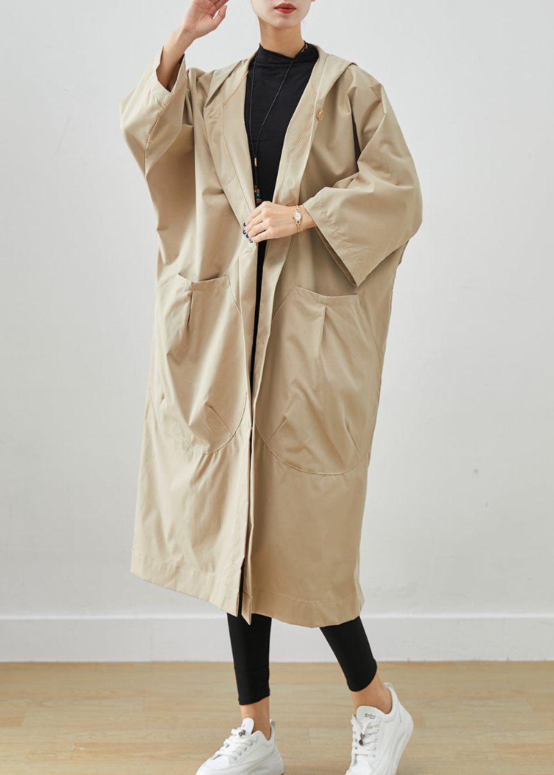 Plus Size Beige Hooded Oversized Cotton Coats Batwing Sleeve - Trenchcoats för kvinnor