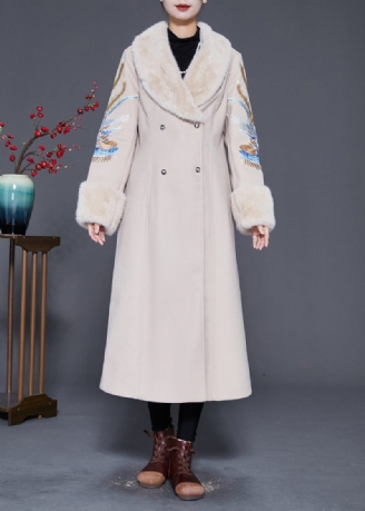 Plus Size Beige Pälskrage Broderad Dubbel Bröst Ylle Trench Vinter