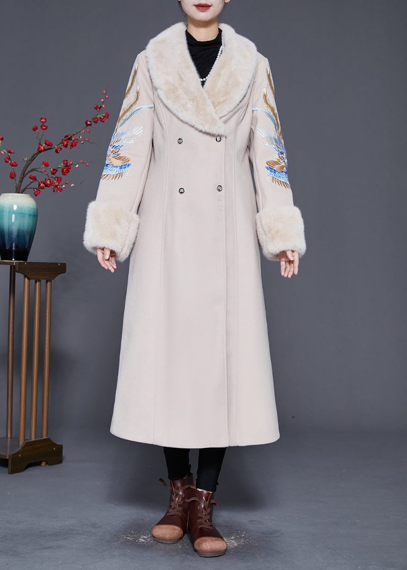 Plus Size Beige Pälskrage Broderad Dubbel Bröst Ylle Trench Vinter