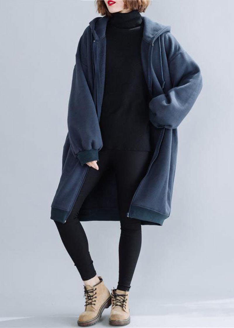 Plus Size Blå Hooded Dragsko Fickor Varma Fleecejackor Vinter - Dunjackor för kvinnor