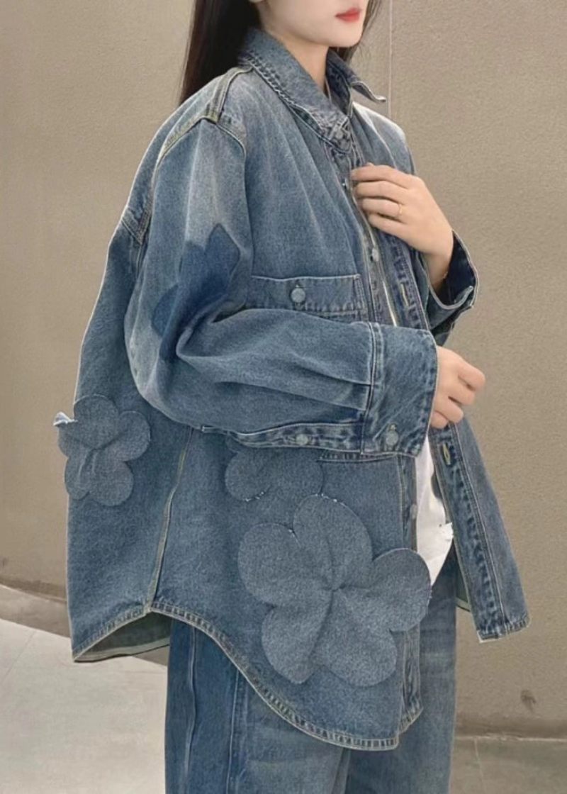 Plus Size Blå Knappfickor Denimrockar Långärmad - Vinterkappor för kvinnor