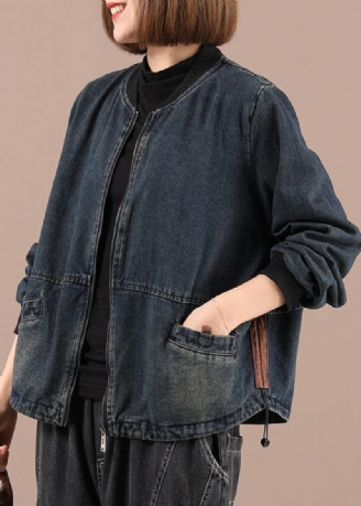 Plus Size Blå Lösa Fickor Med Dragkedja Fall Denim Långärmade Jackor