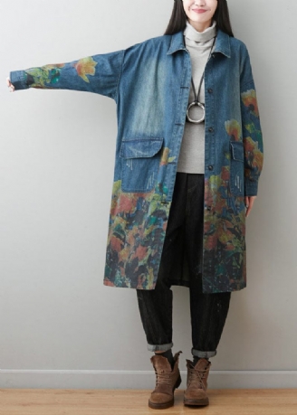 Plus Size Blå Peter Pan Krage Fickor Print Bomull Denim Coats Spring