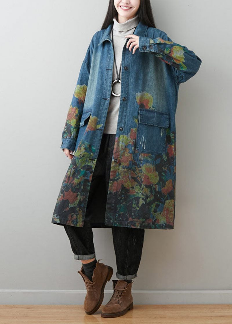 Plus Size Blå Peter Pan Krage Fickor Print Bomull Denim Coats Spring - Trenchcoats för kvinnor