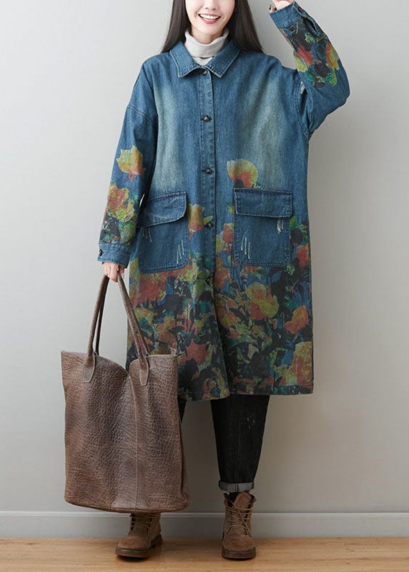 Plus Size Blå Peter Pan Krage Fickor Print Bomull Denim Coats Spring - Trenchcoats för kvinnor