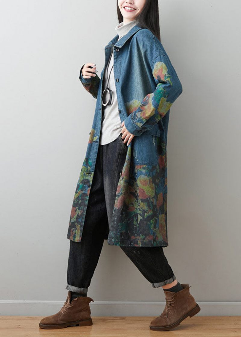 Plus Size Blå Peter Pan Krage Fickor Print Bomull Denim Coats Spring - Trenchcoats för kvinnor