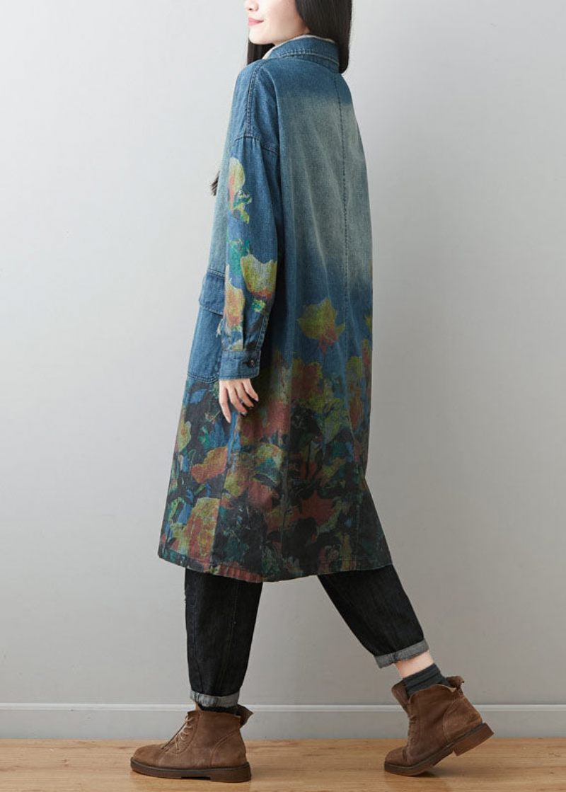 Plus Size Blå Peter Pan Krage Fickor Print Bomull Denim Coats Spring - Trenchcoats för kvinnor