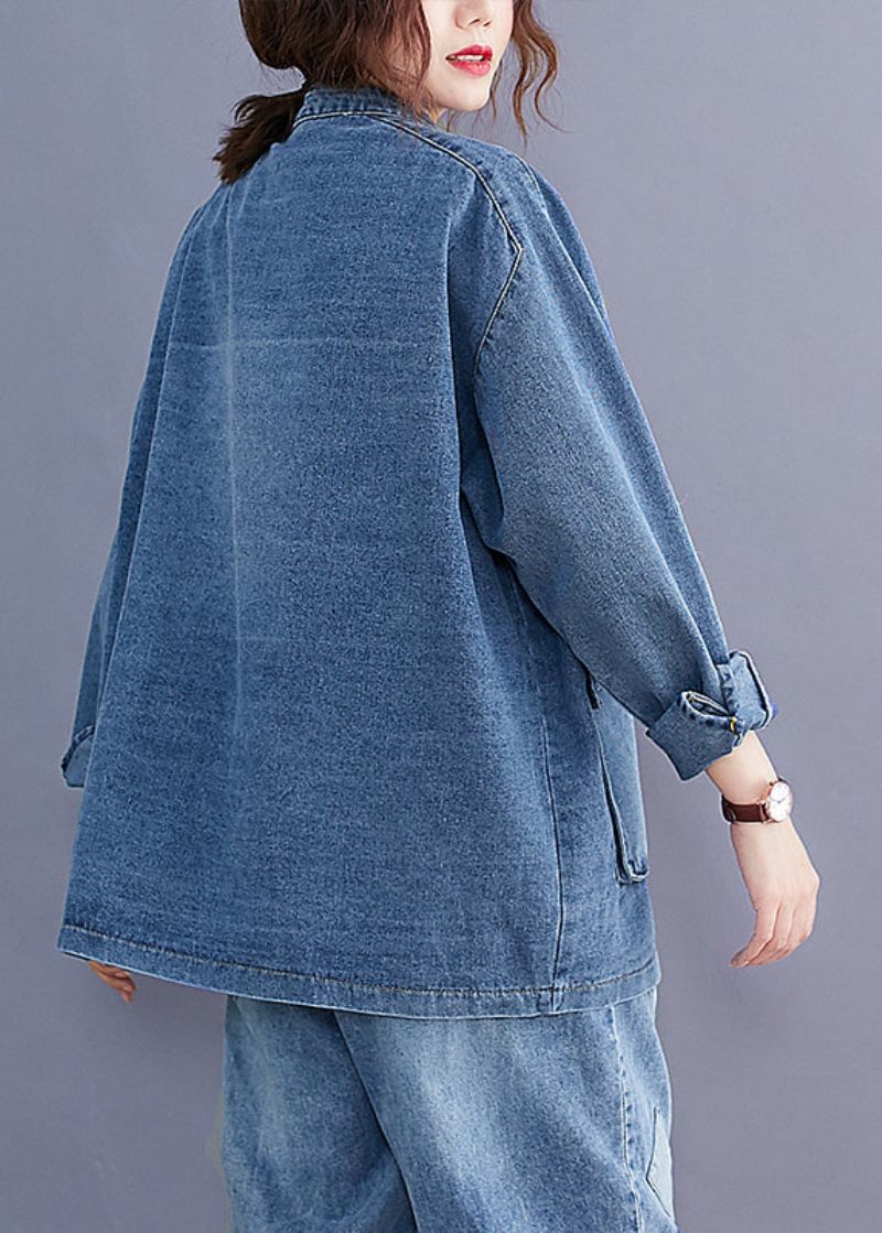 Plus Size Blå Stativ Krage Fickor Patchwork Jeansrockar Höst - Vinterkappor för kvinnor