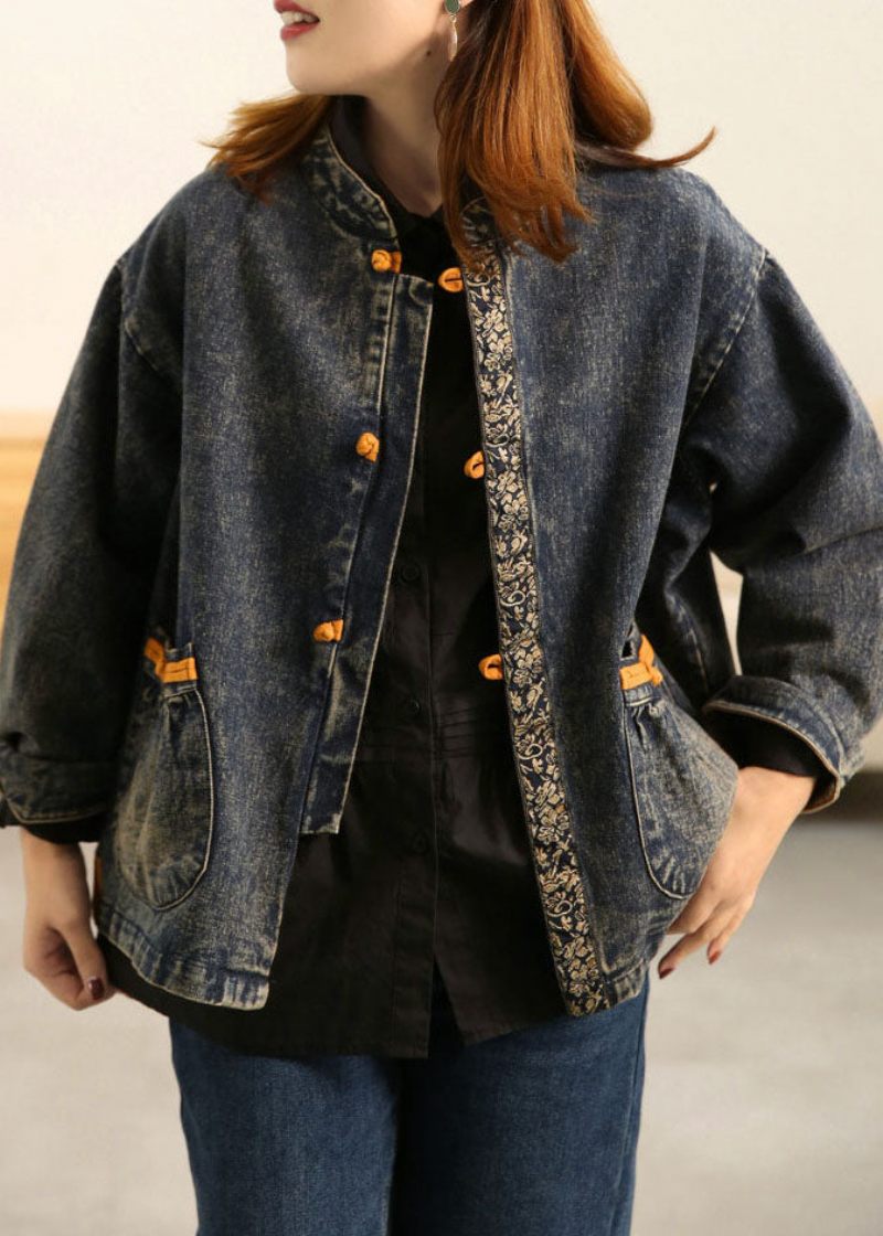 Plus Size Blå Stativ Krage Orientaliska Knappfickor Patchwork Bomull Denimrock Ytterkläder Långärmad - Vinterkappor för kvinnor