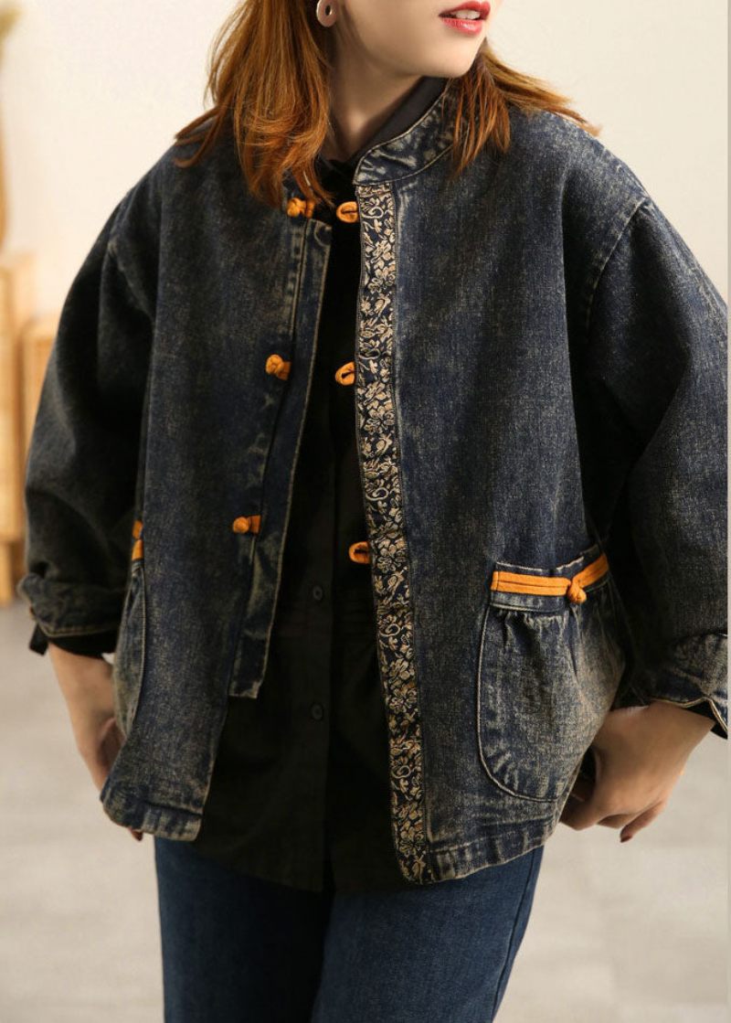 Plus Size Blå Stativ Krage Orientaliska Knappfickor Patchwork Bomull Denimrock Ytterkläder Långärmad - Vinterkappor för kvinnor