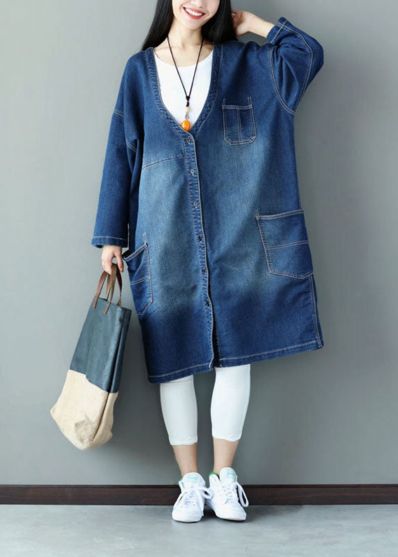 Plus Size Blå V-halsfickor Applikation Bomull Denimrockar Spring - Trenchcoats för kvinnor