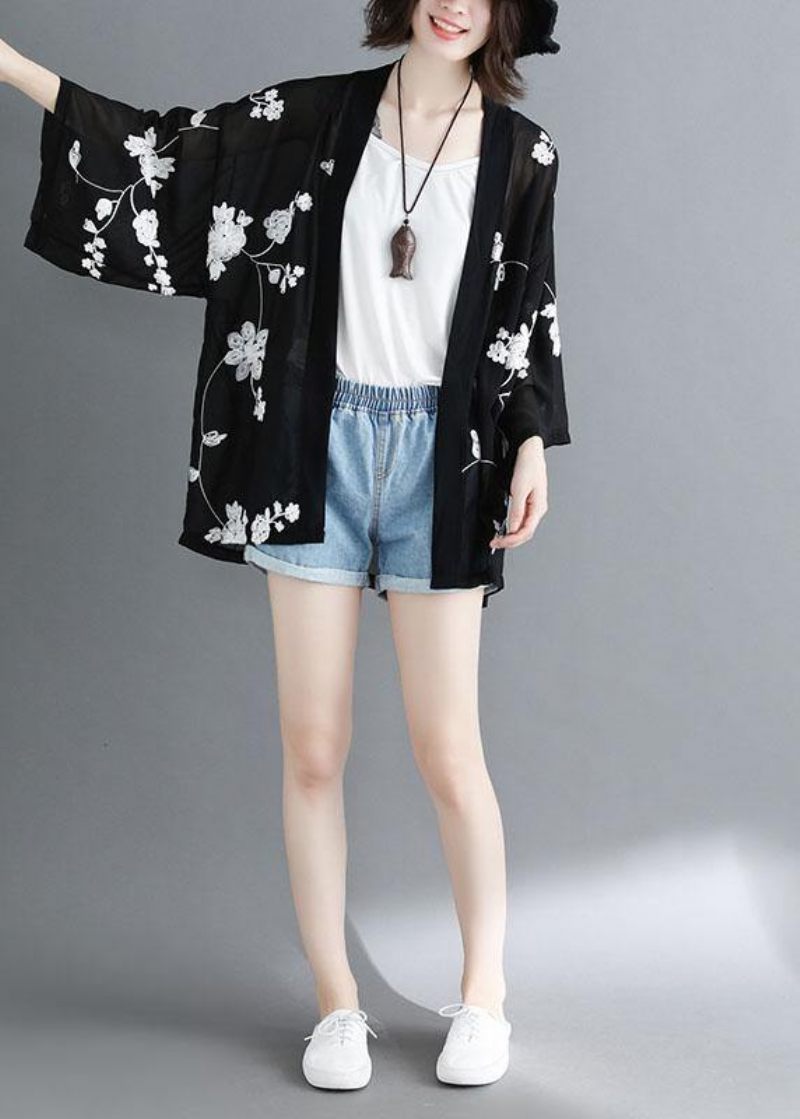 Plus Size Black Bat Wing Sleeve Summer Long Cardigans - Vit